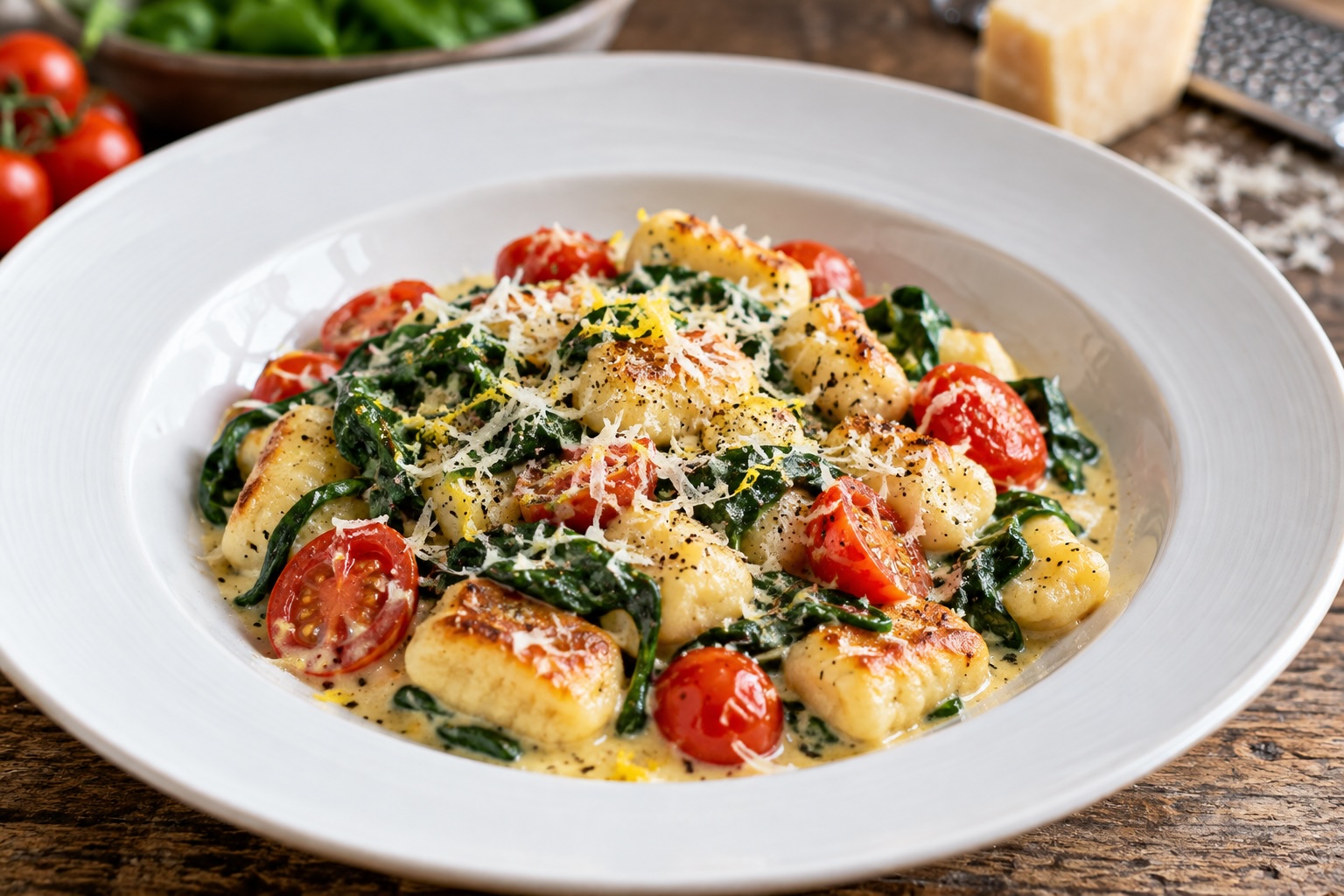 15-Minuten-Gnocchi mit Spinat, Kirschtomaten und Parmesan angerichtet